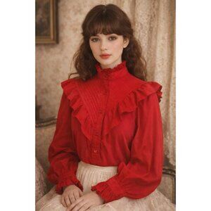 Vintage 1970s Womens Blouse Sz Large XL Red Western Prairie Victorian Goth Top
